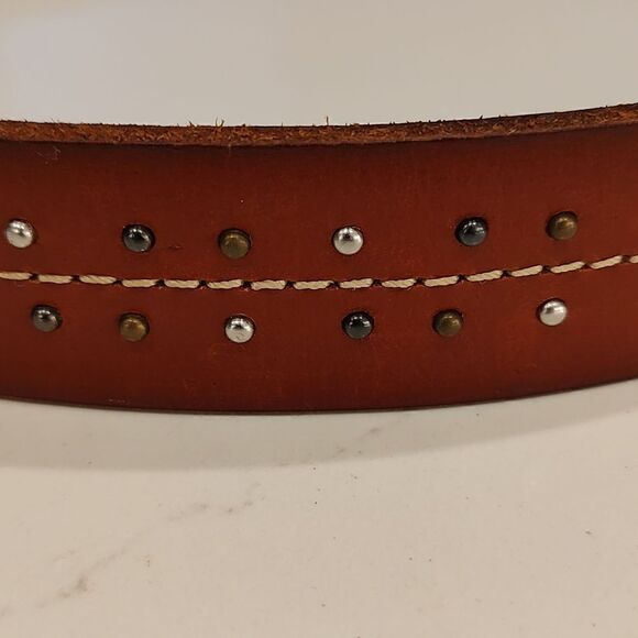 Brown Leather Tri-Metal Studded Belt Brass Buckle - Picture 5 of 7